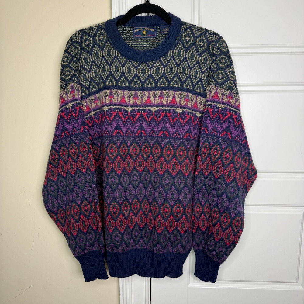 Vintage Geometric Sweater Mens M Multi Color Fair Isle 90s Knit Apparel Workshop